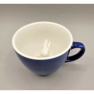 Creature Cups White Rabbit Bunny Inside Blue and White Coffee Cup Mug